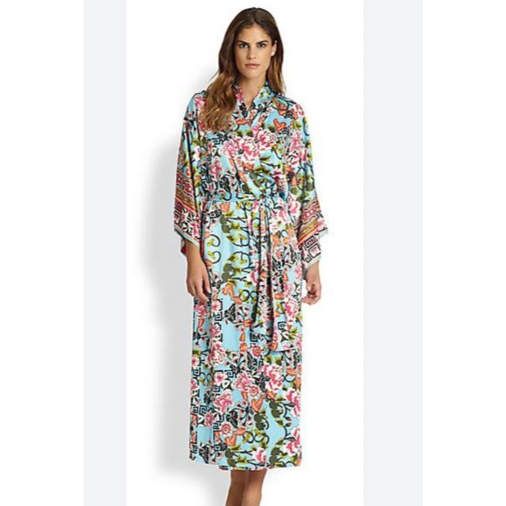 Natori Robe Women M Blue Floral Private Luxuries Satin Kimono Long Wrap L62